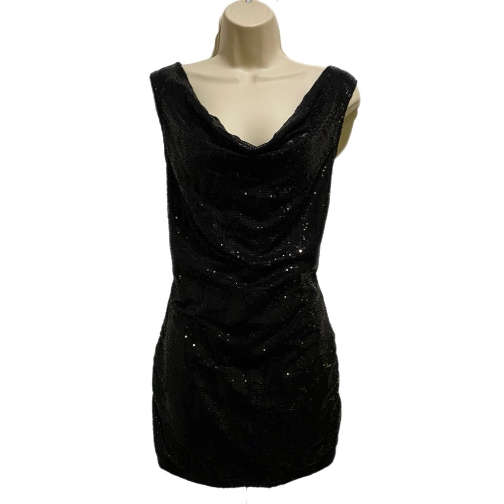 Forever 21 Little black mini dress, sequin front, chain on the back, Size Medium